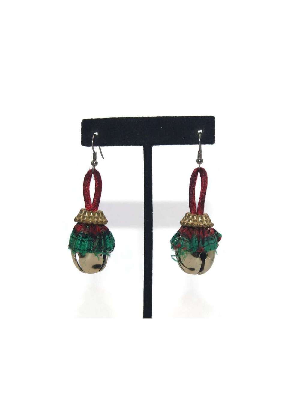 Vintage Gold Tone with Green and Red Ribbon Bell Dangle Earrings.
